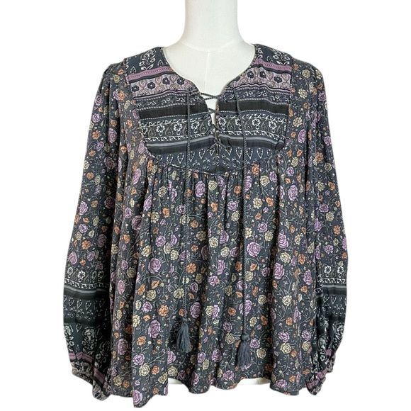 Lucky Brand Bohemian Hippie Retro 70s Lace Up Peasant Blouse Size Large - Picture 7 of 15